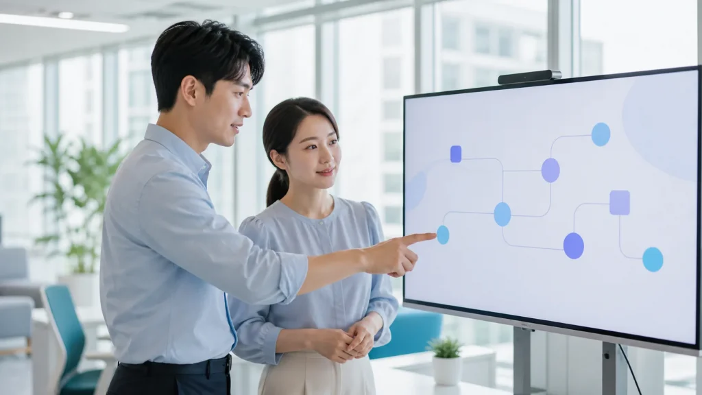 밝은 오피스에서 업무 흐름도를 보며 이야기하는 한국인 직장인 두 명 — 에이전트 AI 실무 가이드 히어로