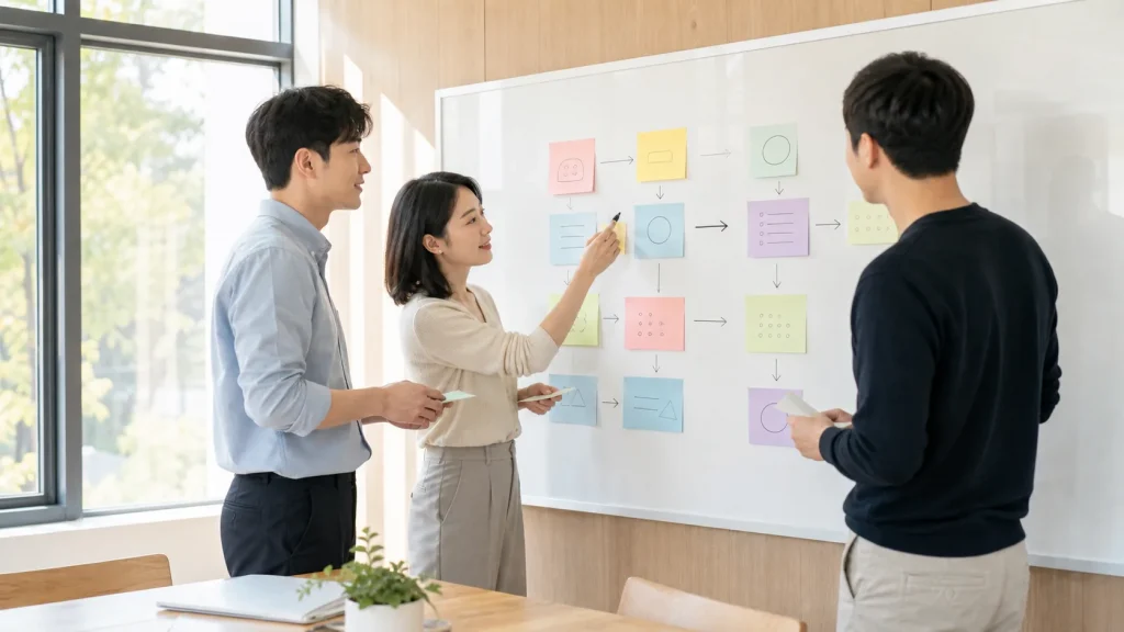 회의실에서 업무 프로세스를 포스트잇으로 정리하는 직장인들 — 에이전트 AI 업무 적용